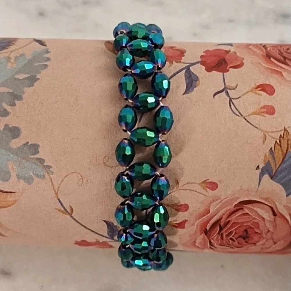 Vintage Brass Wire Woven Iridescent Green Faceted Beads Toggle Clasp